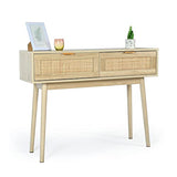 HOPUBUY Console Table Rattan Desk with Drawers, Oak Narrow Sofa Table with Pine Leg, Modern Small Entryway Table for Hallway and Living Room, 39" Rustic Natural HOPUBUY