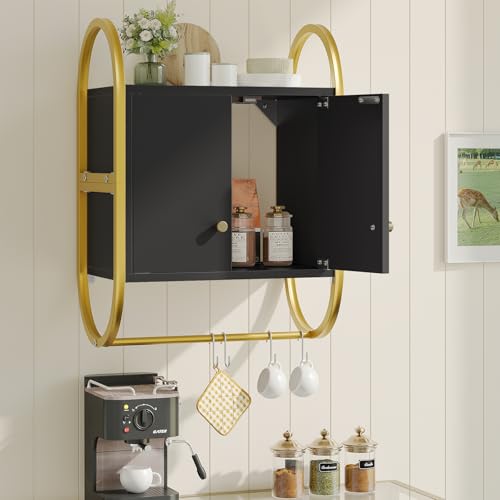 Bestier Floating Shelves for Wall, Bathroom Wall Cabinet with 2 Door and Towel Rack, Wall Shelves for Kitchen, Bedroom, Living Room, Bathroom, Office, Classic Black - WoodArtSupply