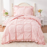 Wowelife Twin Comforter Set for Girls, Boho Pintuck Bedding Comforter Sets, 4 Pieces Ruffles Jacquard Embroidery Twin Bedding Sets with Comforter, Fitted Sheet, Flat Sheet and Pillowcase, Pink Wowelife