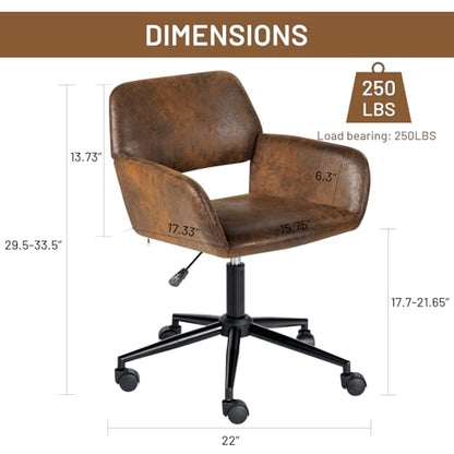 FurnitureR Office Chair, Upholstered Suede Mid Back Swivel Computer Desk Chair with Rolling Wheels, Adjustable Task Chair for Home, Bedroom, Make-up, Studying, Small Spaces - Brown - WoodArtSupply