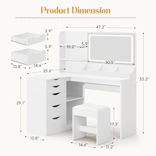 YESHOMY Vanity Desk with Lights and Mirror, L Shaped Makeup Table, Dresser with Hairdryer Holder and Power Outlet, Adjustable 3 Lighting Modes, 5 Drawers and Adjustabled Open Storage Shelves, White YESHOMY