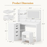 YESHOMY Vanity Desk with Lights and Mirror, L Shaped Makeup Table, Dresser with Hairdryer Holder and Power Outlet, Adjustable 3 Lighting Modes, 5 Drawers and Adjustabled Open Storage Shelves, White YESHOMY