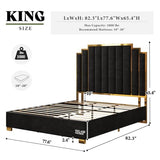 AMERLIFE King Size Upholstered Bed, Modern Velvet Bed Frame with 65.4” Tall Gold Trim Headboard, No Box Spring Needed, Black AMERLIFE
