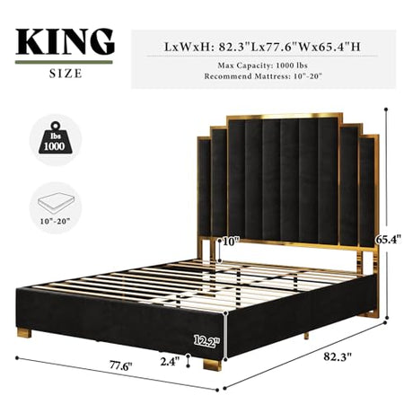AMERLIFE King Size Upholstered Bed, Modern Velvet Bed Frame with 65.4” Tall Gold Trim Headboard, No Box Spring Needed, Black AMERLIFE