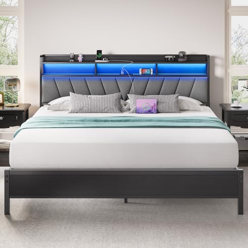 Welzona King Size Bed Frame with Headboard, Metal Platform Bed with LED Lights & Charging Station, 2-Tier Storage, Sturdy and Easy Assembly, Under Bed Storage, No Box Spring Needed, Noise Free, Black Welzona