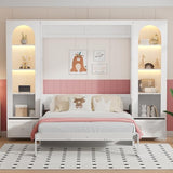 PVWIIK Queen Size Murphy Bed with Storage Drawers & Desk for Save Space & Small Space,Bedroom,Guest Room,Wall Bed Frame Folding into Cabinet Design w/LED & Storage Shelf,White PVWIIK