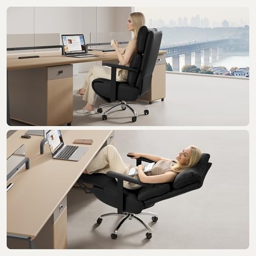 OKUP Reclining Office Chair with Adjustable Headrest and Footrest, 170° Ergonomic Comfortable Office Chair Zero Gravity, Leather Executive Home Office Desk Chair (Black) OKUP