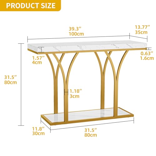 DWVO Gold Entryway Table with LED Lights, Modern 39-Inch Console Accent Table, Narrow Sofa Side Foyer Table with Faux Marble Top for Entrance, Entry Way, Hallway, Living Room DWVO