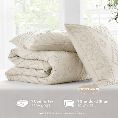 Comfort Spaces Twin/Twin XL Comforter Set for College Tufted Boho Dorm Comforter Set Twin XL Size, All Season Lightweight Bedding Set Soft, Matching Sham Beige 2 Piece Comfort Spaces