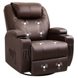 Recliner Chair, 360° Swivel Rocker Chair for Adults, Rocking Recliner Chair with Massage, Comfy Single Sofa with Side Pockets Cup Holders for Living Room, Bedroom, Nursery (Leather, Dark Brown)