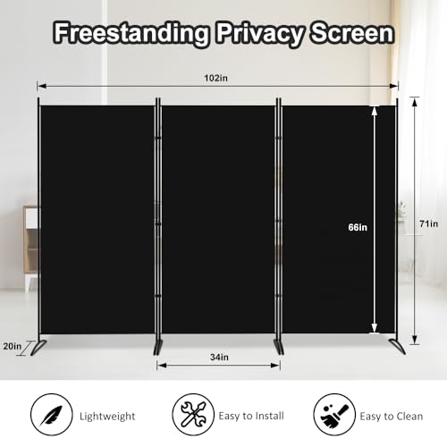 Kokorona 3 Panel Room Divider, 6FT Tall Folding Privacy Screen Wall Dividers, Portable Privacy Screen Freestanding Room Divider for Room Separation, Included - Cover Strips, Black, 102''W x 71''H Kokorona