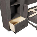 DNChuan Queen Size Horizontal Murphy Cabinet Wall Bed with Desk Combo and Storage Drawers, Foldable Bed with Side 4 Layers Bookshelf Built-in LED, Space Saving, Gray DNChuan