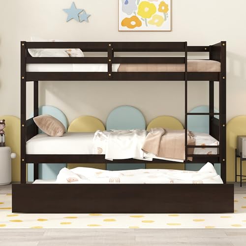 Bellemave Twin Over Twin Bunk Bed with Trundle,Convertible Bunk Beds with Ladder & Safety Guardrails,Twin Size Bunk Beds for Kids Girls Boys,Espresso Bellemave