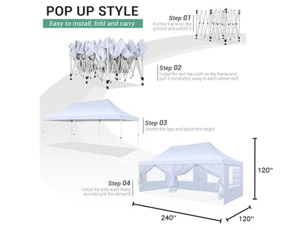 COBIZI 10x20 Pop Up Canopy Tent with Sidewalls, Commercial Ez Up Canopy, 3 Adjustable Heights, Waterproof and UV Protection 50+, Outdoor Gazebo Pop up Tent for Parties & Patio with 4 Sandbags