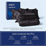 MR&HM Satin Comforter Full 7 Pieces - Luxurious Pinch Pleat Bedding Set with Comforter, Flat Sheet, Fitted Sheet, Pillowcases & Shams, Super Silky Soft Bed Set for All Season (Full, Black) MR&HM