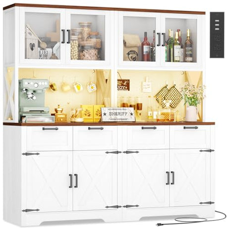 Unikito 71" Tall Kitchen Pantry Storage Cabinet with LED Light & Outlet, 63" Wide Kitchen Hutch Cabinet with Large Countertop, DIY Pegboard and Drawers, Farmhouse Food Pantry for Living Room, Unikito