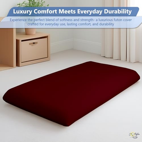 Cottington Lane Traditional Japanese Shikibuton Futon Cover, King Size Premium Cotton Zippered Floor Mattress Slipcover, Soft Durable, Ideal for Dorm Rooms, Guest Rooms, Burgundy Cottington Lane