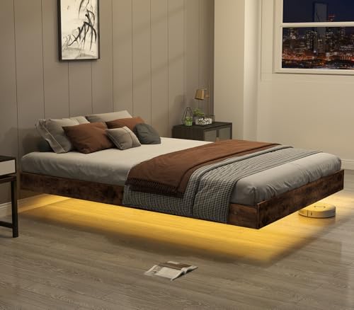 Floating Bed Frame Queen with LED Lights, Metal Platform Queen size Floating Bed Frame with Under Bed Storage, Heavy Duty Steel Slats Support, No Box Spring Needed, Noise Free, Easy Assembly, Brown RVONOW