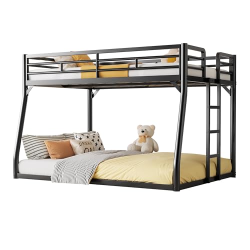 PVWIIK Metal Full XL Over Queen Bunk Bed w/Ladder and Safety Guardrail for Kids Teens Adults,Heavy-Duty Sturdy Bunk Bed,No Box Spring Needed,Black PVWIIK
