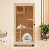 Catio Outdoor Cat Enclosure - 47.24" Large Wooden Cat House with Wheels, Multi-Level New Zealand Pine Wood (0.6" Thick) w/Clear Door for Indoor Use Nwkxnrt