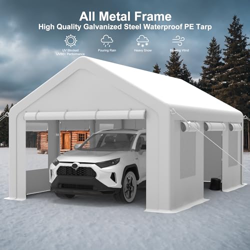 GarveeLife 10x20ft Carport Heavy Duty, Portable Garage with 4 Doors + 4 Window, Upgraded Carport with Reinforced Steel Poles, Uv Resistant Waterproof Tarp, Portable Carport for Car, Truck, Boat GarveeLife
