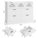 HOSTACK Modern 7 Drawer Double Dresser for Bedroom, Wide Chest of Drawers with Fence, Wood Storage Organizer with Metal Handle & Fluted Glass, Accent Storage Cabinet for Living Room, Entryway, White HOSTACK