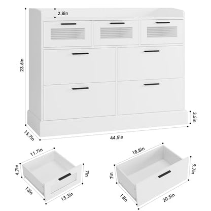 HOSTACK Modern 7 Drawer Double Dresser for Bedroom, Wide Chest of Drawers with Fence, Wood Storage Organizer with Metal Handle & Fluted Glass, Accent Storage Cabinet for Living Room, Entryway - WoodArtSupply