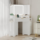 Garvee White Corner Vanity, Corner Vanity Desk with Mirror and Lights, Fluted Makeup Table with Charging Station, Drawers, Storage Cabinets Garvee