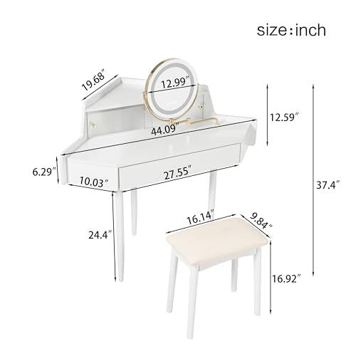 Merax Corner Small Vanity Desk with Mirror and Lights, 44.09" L Makeup Vanity Set with Stool, Dressing Table with Sliding Glass Door, Drawer and Display Shelf, White Merax