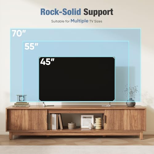 DUMOS 70" Mid Century Modern TV Stand, Mocha Brown Wood Entertainment Center with Storage Cabinets, Media Console Table with Straight Legs & Cable Management for Living Room, Bedroom, Office DUMOS