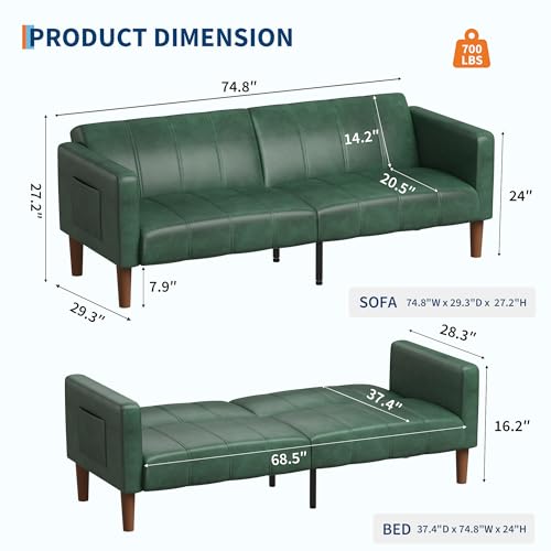 GarveeHome Futon Sofa Bed, 75-Inch Modern Faux Leather Convertible Couch, Mid-Century Loveseat for Small Space, Living Room, Bedroom, Green GarveeHome