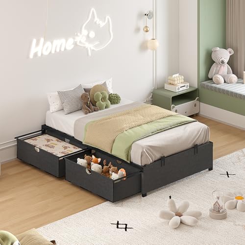 HAUOMS Twin Size Bed Frame with 2 Large Storage Drawers, Platform Bed with Drawers, Heavy Metal Slats Support, No Box Spring Needed, Noise Free, Easy Assembly, Dark Grey HAUOMS