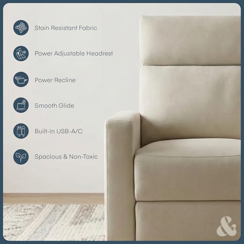 Nurture& The Glider Premium Power Recliner Nursery Glider Chair with Adjustable Head Support | Designed with a Thoughtful Combination of Function and Comfort | Built-in USB Charger (Ivory)