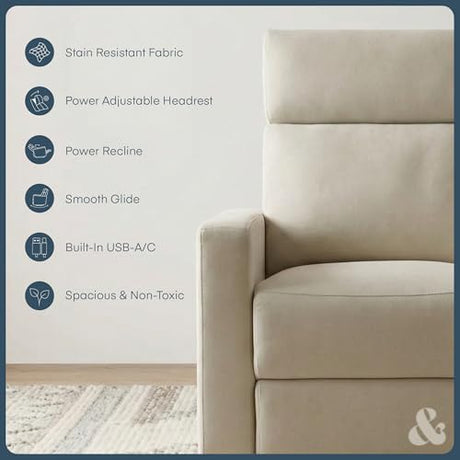 Nurture& The Glider Premium Power Recliner Nursery Glider Chair with Adjustable Head Support | Designed with a Thoughtful Combination of Function and Comfort | Built-in USB Charger (Ivory) Nurture&