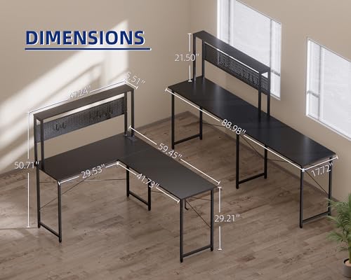 Pamray 60 Inch L Shaped Gaming Desk with LED Lights and Power Outlets Reversible Corner Computer Desk with Pegboard Storage Shelves Home Office Table for Work Study Black Pamray