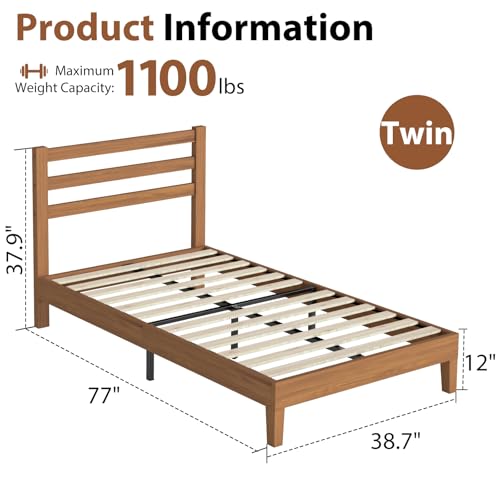 Sweetcrispy Solid Wood Bed Frame - Twin Size Mattress Foundation with Headboard, No Box Spring Needed with 1100LBS Sturdy Wooden Slats Support, Noise Free, Easy Assembly Sweetcrispy
