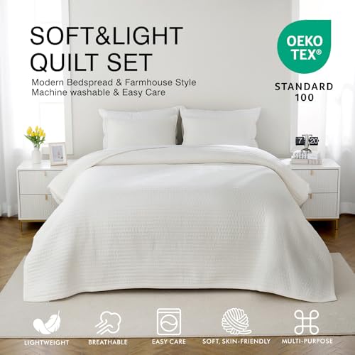 Max Oversized California King Quilt Set – 112"x106"Soft Washed Lightweight Bedspread,Multi-Lock Quilting,Minimalist Nordic Bedding, Spring & Summer Quilt Set (1 Quilt + 2 Pillow Shams), Cream White DAWNDIOR