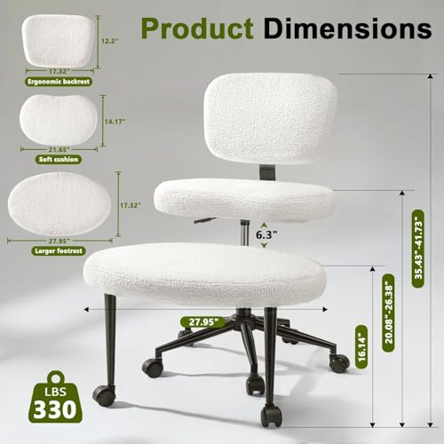 Waleaf Ergonomic Cross Legged Office Chair, ADHD Chair for Adults, Height Adjustable Meditation Chair with Wheels, Teddy Fabric Yoga Kneeling Chairs with Comfortable Back Support (White) Waleaf