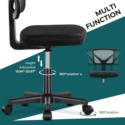 DUMOS Armless Office Chairs with Wheels, Ergonomic Adjustable Home Desk Swivel Rolling Task Chair No Arms, Comfy Mesh Mid Back Computer Work Vanity Desk Chairs for Small Spaces, Dark Black DUMOS
