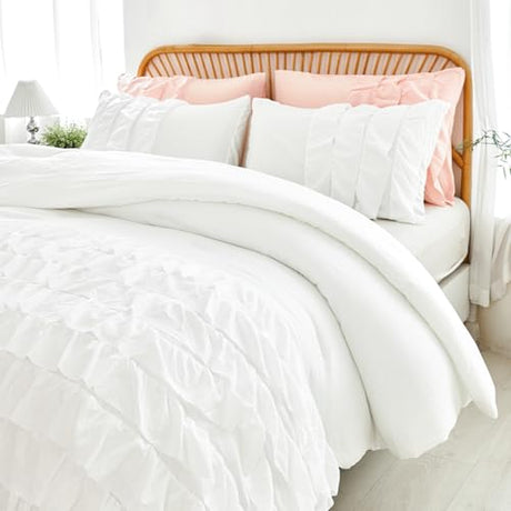 PERFEMET White Twin Comforter Set, 3 Pieces Ruffled Girls Comforter Sets Boho Vintage Shabby Chic Bedding, All Season Soft Lightweight Kids Bed Set for Teen Girl (White,Twin) PERFEMET