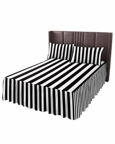 Ruffle Skirt Bedspread for Twin Size Bed Black and White Stripes 2 Piece Bedding Cover with Pillow Sham,18In Drop Bedskirt Coverlet Bedroom Dorm Decor Modern Geometric Art Chucoco