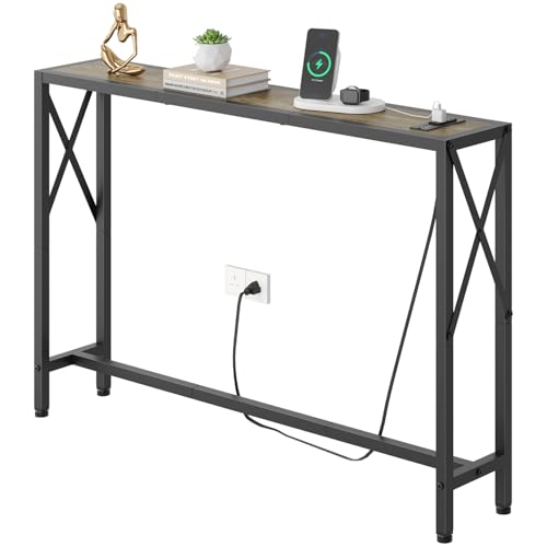 Gewudraw 41.7" Console Table, Narrow Behind The Couch Table with Outlet, Industrial Skinny Sofa Table for Hallway, Entryway, Living Room,Walnut Gewudraw