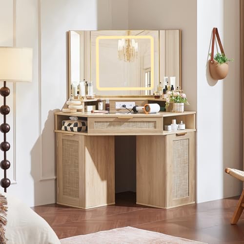 Lerliuo Corner Vanity Desk with 3 Way Mirror and Lights, 46'' Rattan Makeup Vanity with Glass Top Drawer, Natural Wood Make Up Storage Cabinets with Charger for Bedroom Lerliuo
