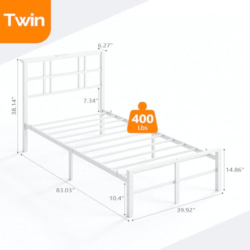 VINGLI Twin Bed Frame with Storage Headboard, LED Lights, and Charging Station, Single Metal Platform Pannel Bed with Wooden Storage Shelf, Underbed Storage Space, Apartement, White VINGLI