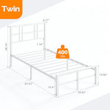 VINGLI Twin Bed Frame with Storage Headboard, LED Lights, and Charging Station, Single Metal Platform Pannel Bed with Wooden Storage Shelf, Underbed Storage Space, Apartement, White VINGLI