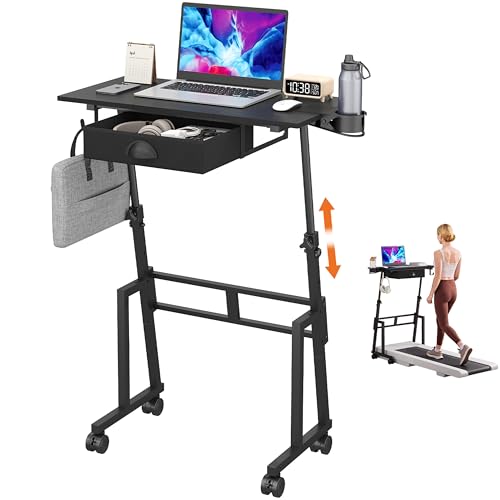 Adjustable Height Standing Desk with Drawer, Rolling Sit to Stand Up Desk with Wheels Height 31.5"-43.3" Small Mobile Laptop Standing Desk for Treadmill Walking Pad, Movable Classroom Podium (Black) Honkazita