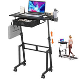 Adjustable Height Standing Desk with Drawer, Rolling Sit to Stand Up Desk with Wheels Height 31.5"-43.3" Small Mobile Laptop Standing Desk for Treadmill Walking Pad, Movable Classroom Podium (Black) Honkazita