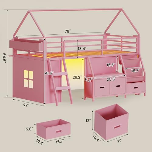 ADORNEVE Low Loft Bed Twin Size with Bookshelf, Reading Nook, LED Kids Loft Bed with 3 Drawers, Under-Bed Play Space, House Loft Beds with Safety Guardrail, Inclined Ladde & Play Curtain, Pink ADORNEVE