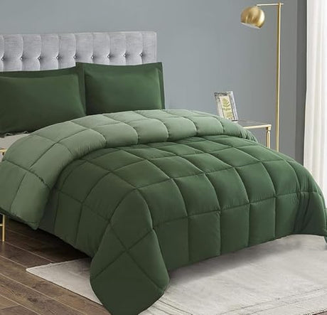 HIG 3pc Green Queen Size Comforter Set - All Season Reversible Down Alternative Bedding Comforter Set - Quilted Duvet Insert with Corner Tabs - Box Stitched Blanket - Breathable, Soft, Fluffy HIG