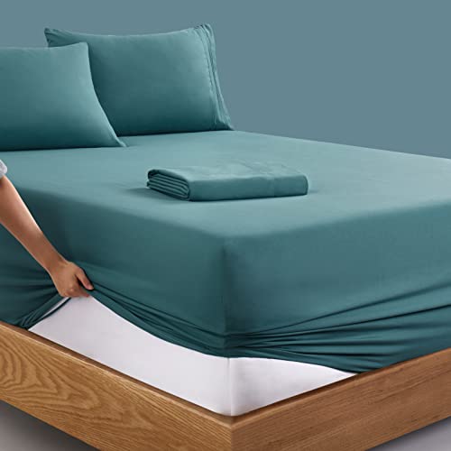 Manyshofu Extra Deep Pocket Twin Sheets Set - Hotel Luxury 1800 Thread Count Sheets & Pillowcases - Kids Bedding Set up to 24" Mattress - Teal Bed Sheets 18-24 Inch Deep Pockets - 3 Piece Manyshofu